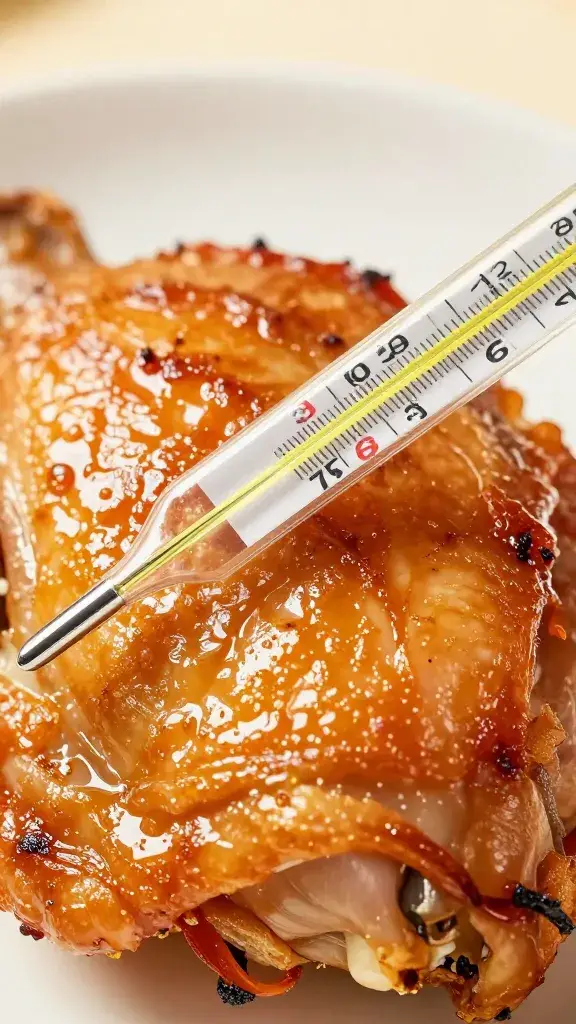 thermometer probe in grilled chicken thigh, closeup