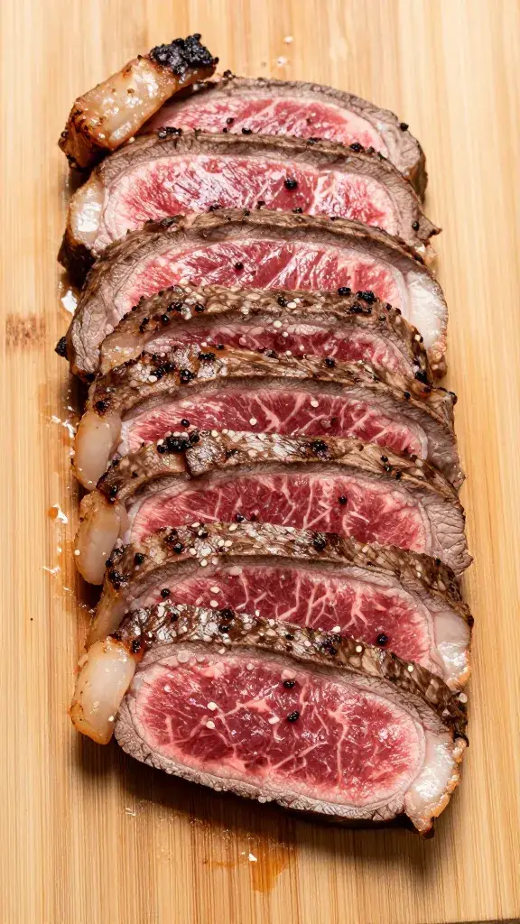 Thin-sliced medium-rare flank steak on carving board