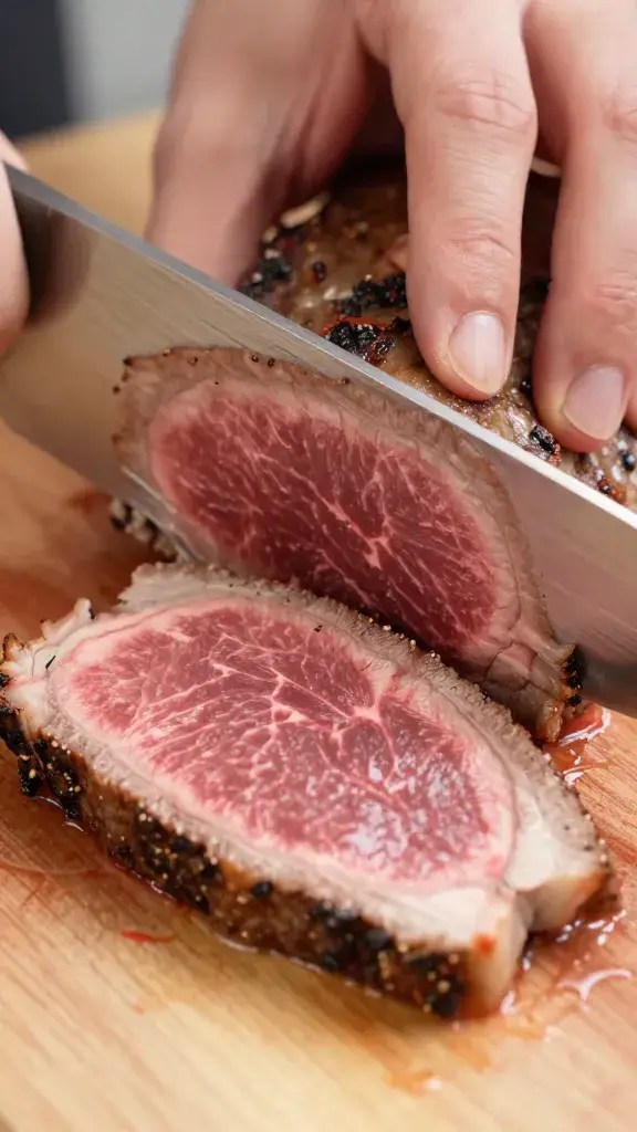 Slicing knife cutting medium-rare sirloin thinly
