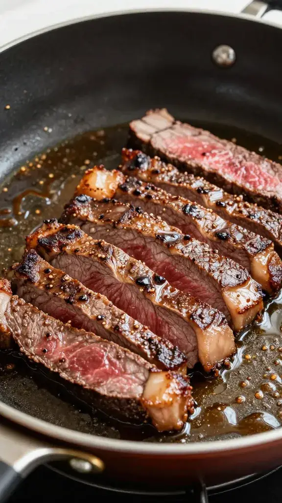 Chilled sliced steak in hotel pan with juices