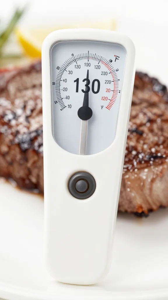 Instant-read thermometer reading 130°F in steak