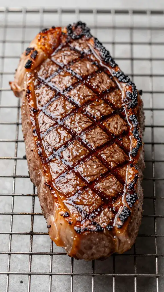 Grill-marked strip steak resting on wire rack