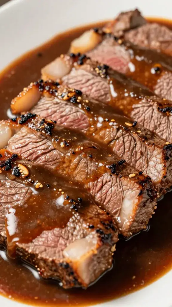 Rewarmed sliced steak glistening in au jus