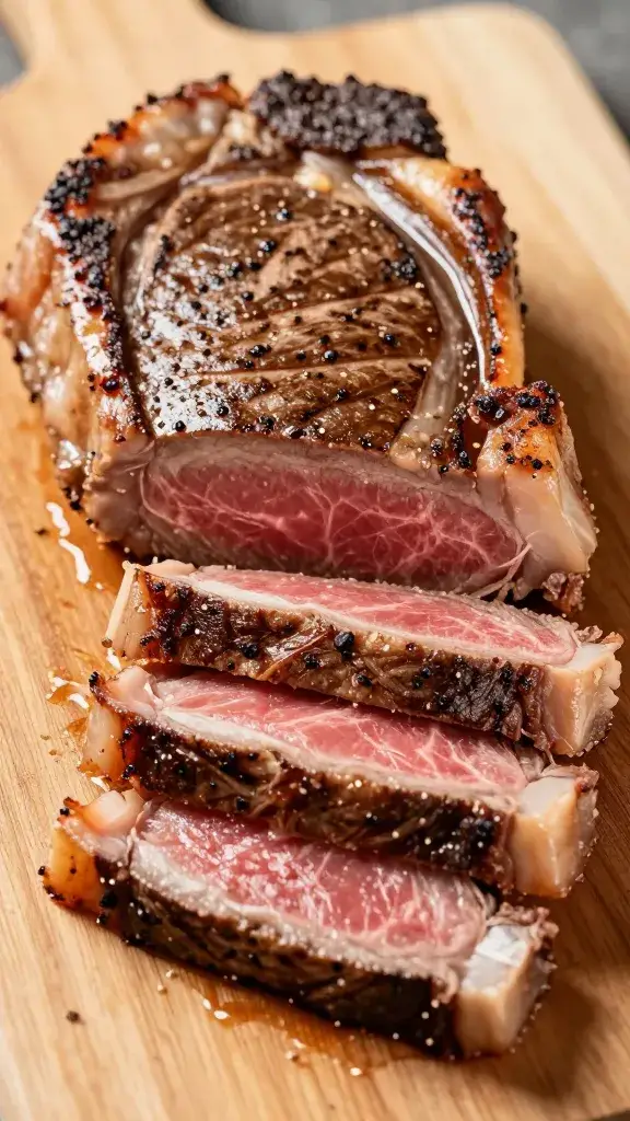 closeup sliced flank steak on wooden cutting board
