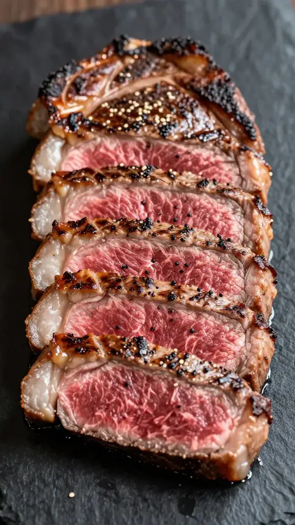 medium-rare sirloin steak sliced against the grain
