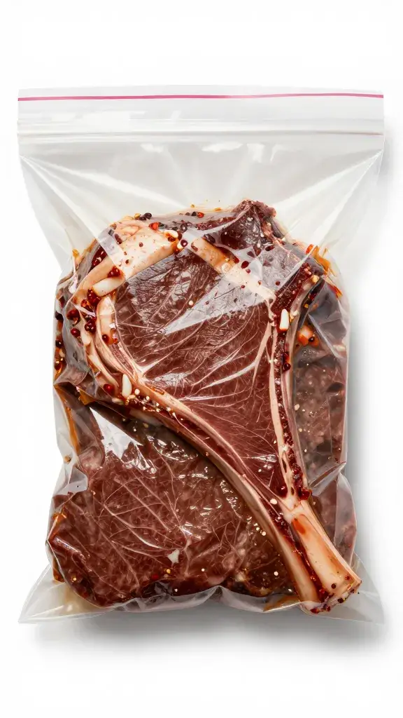 marinated flank steak in zip-top bag, overhead