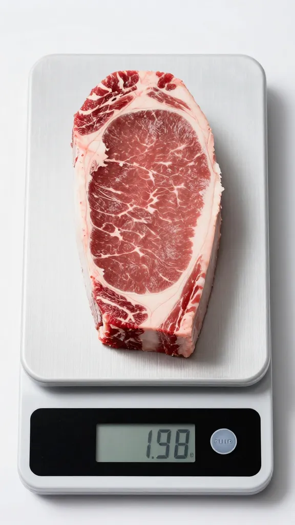 digital kitchen scale weighing raw sirloin steak