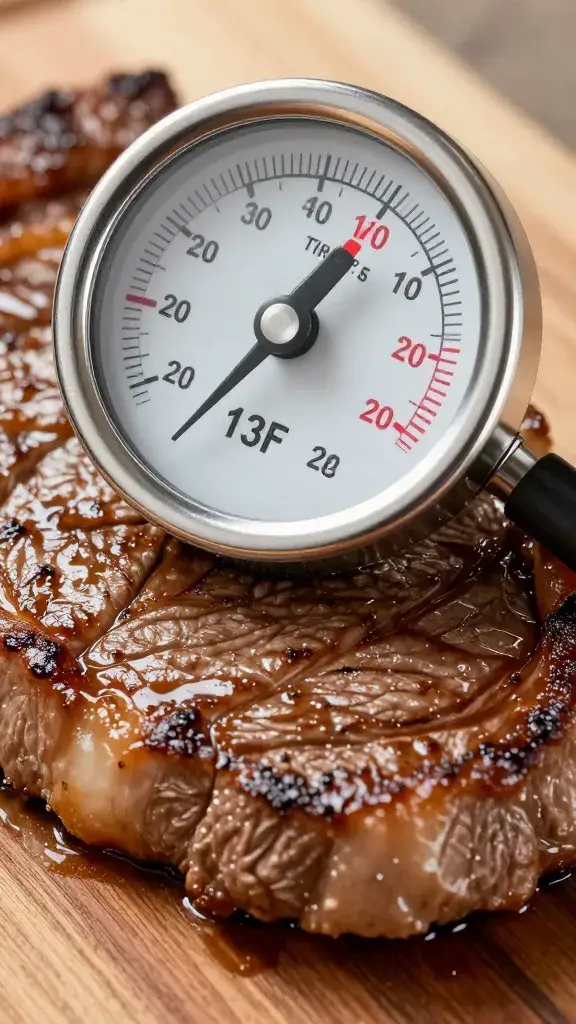 meat thermometer reading 130°F in sirloin steak