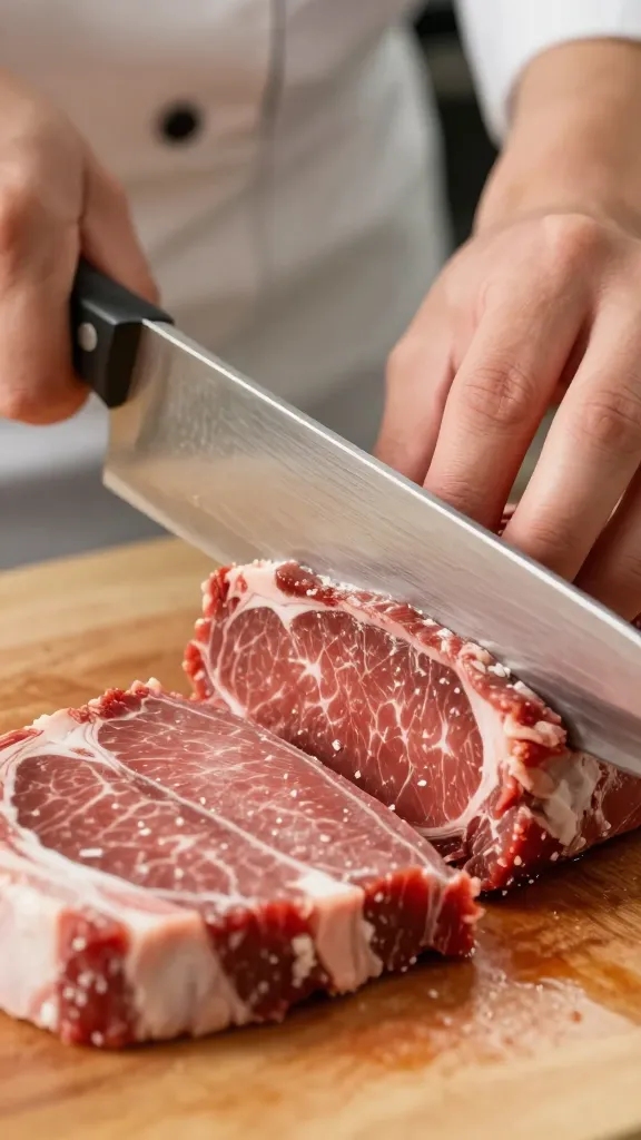 chef’s knife slicing flank steak thinly, closeup