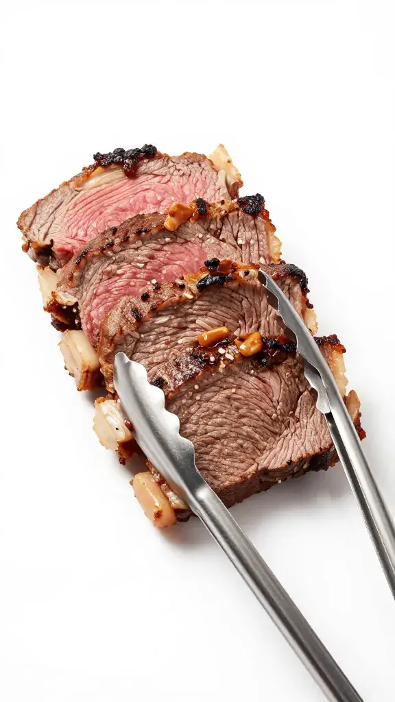 single plated 8-ounce sliced sirloin with tongs