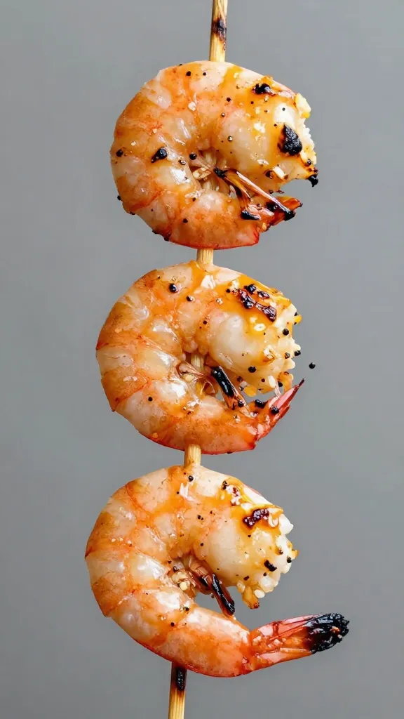 Closeup of grilled shrimp skewer with charred marks