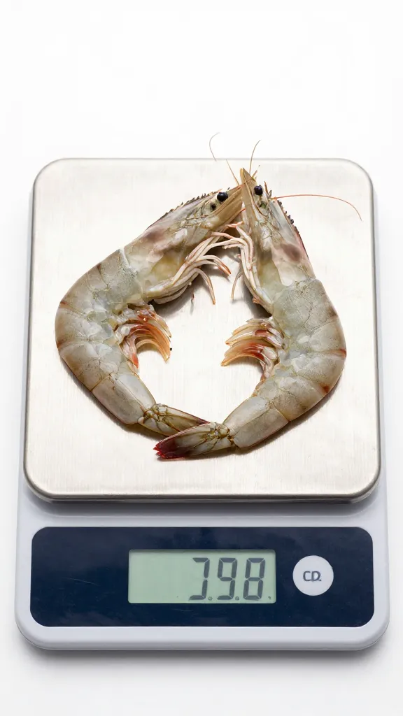 Digital kitchen scale weighing raw shell-on shrimp