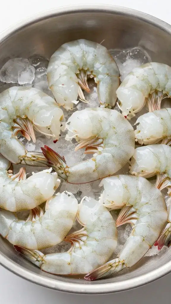 Stainless bowl of peeled raw shrimp on ice