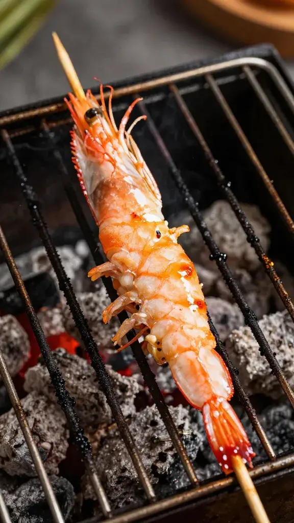 Single skewer of jumbo shrimp over charcoal grill