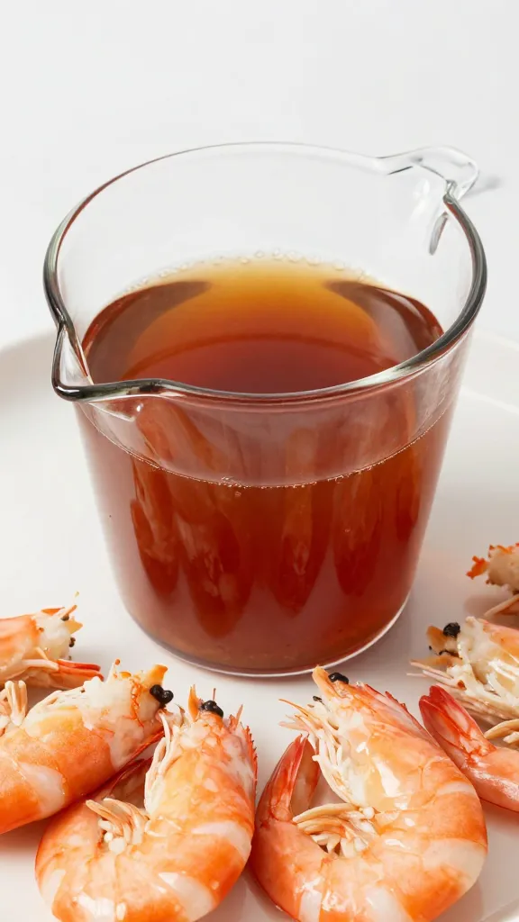 Measuring cup filled with marinade beside shrimp
