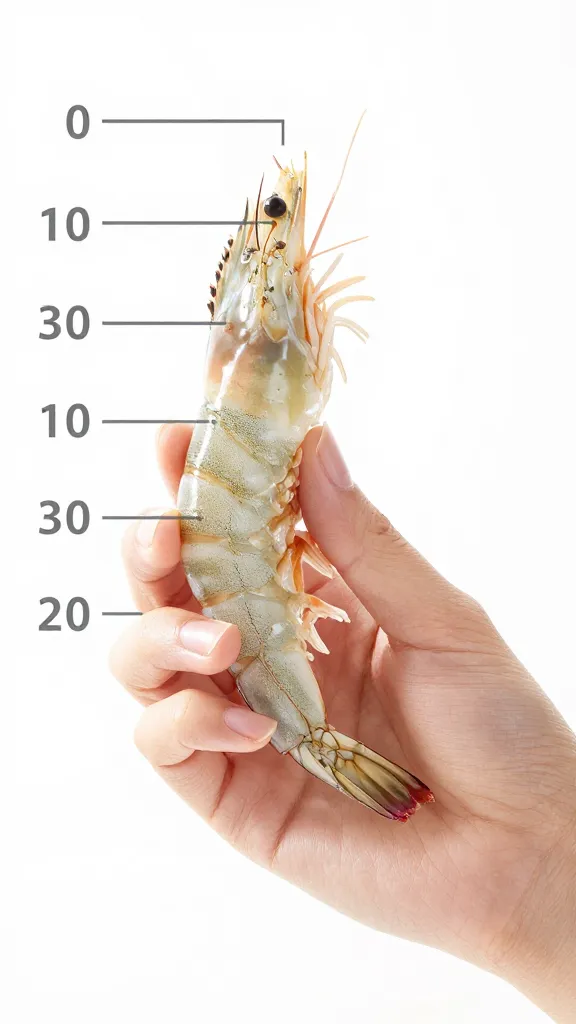 Hand holding one peeled shrimp against size chart