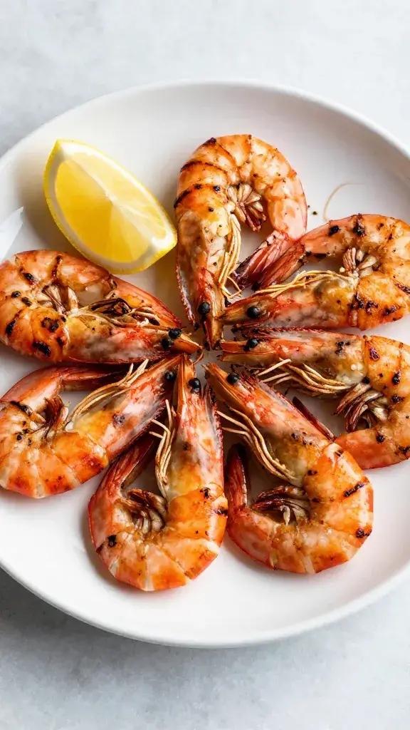 Single platter of grilled shrimp with lemon wedge