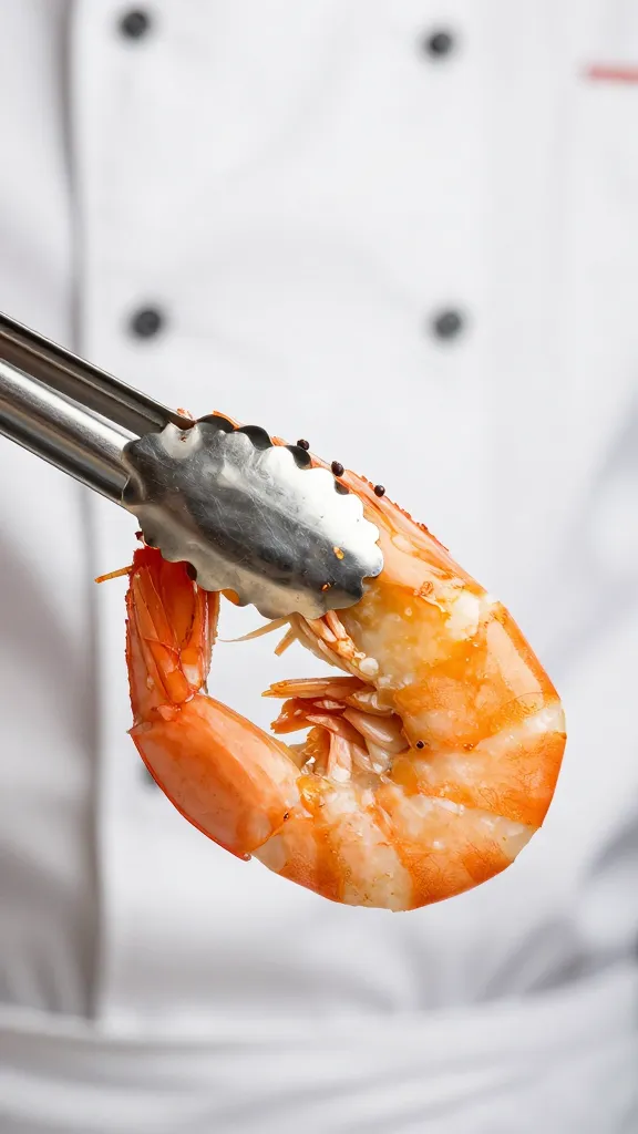 Chef tongs gripping one grilled shrimp closeup