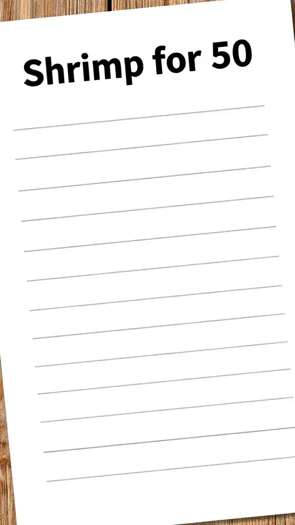 Printable shopping list titled “Shrimp for 50” closeup