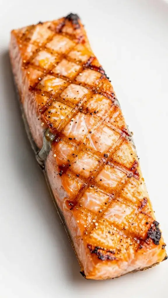 Single grilled salmon fillet with grill marks, closeup