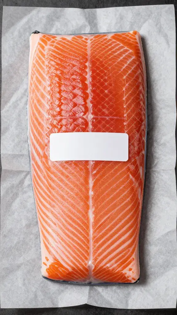 Raw salmon fillet on butcher paper, 1-pound label visible