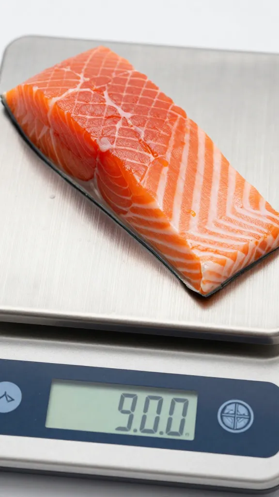 Digital kitchen scale weighing salmon fillet, closeup