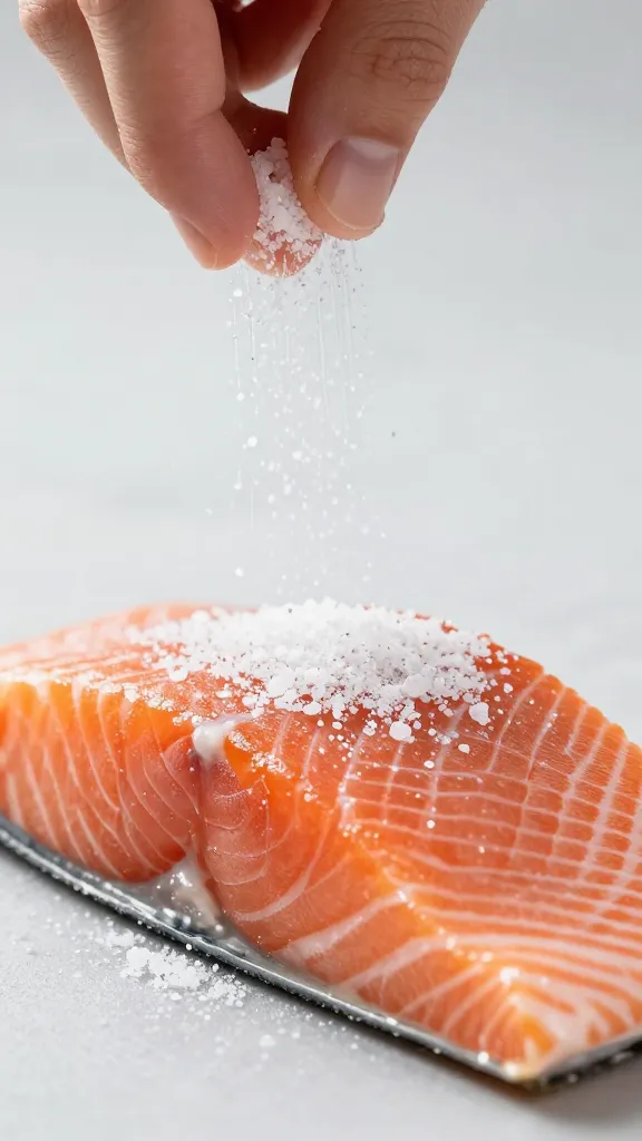 Hand sprinkling coarse salt on salmon fillet, macro