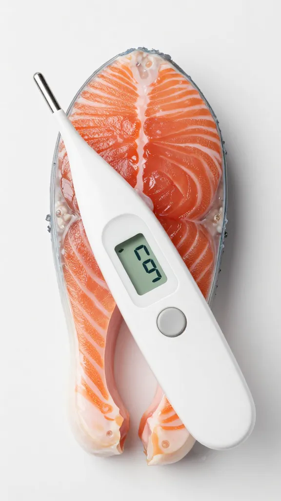 Instant-read thermometer inserted into salmon, 125°F display