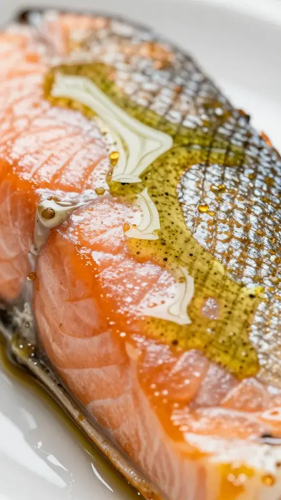 Brushed olive oil on salmon skin side, macro shot
