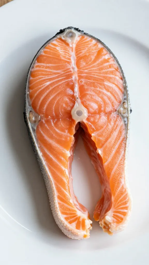 Single 7-ounce salmon portion on white plate, closeup