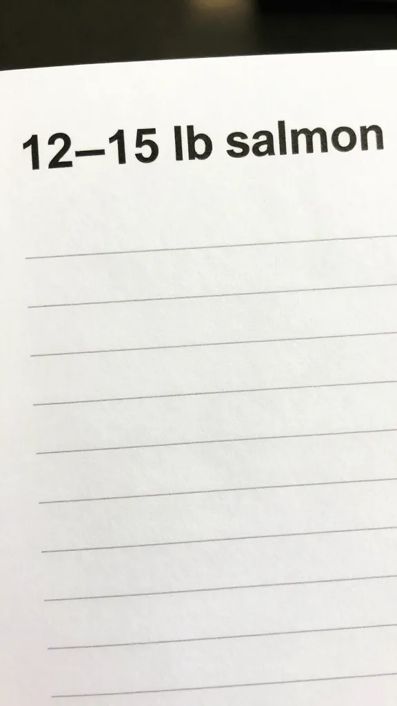 Grocery list card reading “12–15 lb salmon,” closeup