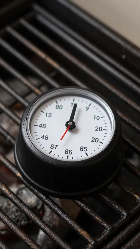 Timer set to 6 minutes beside grill grate, closeup