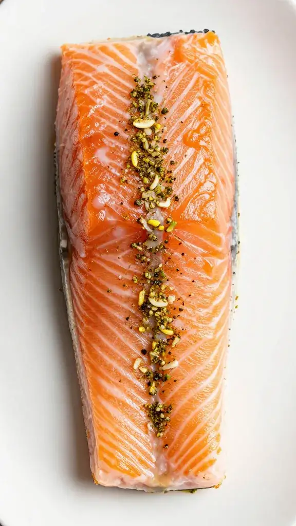 Salmon fillet with lemon pepper rub, tight overhead shot