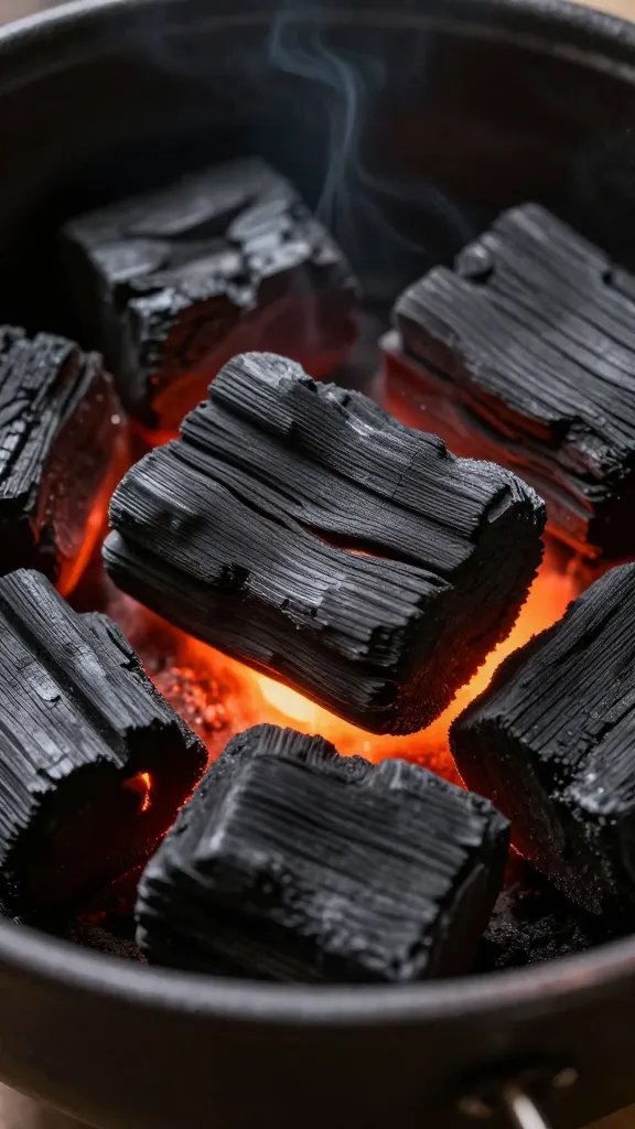 closeup of charcoal briquettes glowing in a kettle grill