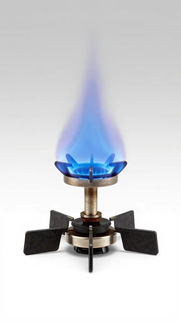 single gas grill burner lit with blue flame
