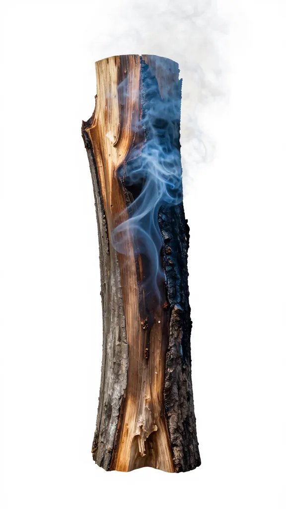single oak log smoldering with thin blue smoke