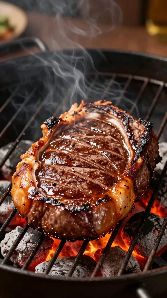 ribeye steak searing over charcoal two‑zone setup