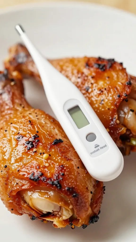instant‑read thermometer tip in grilled chicken thigh