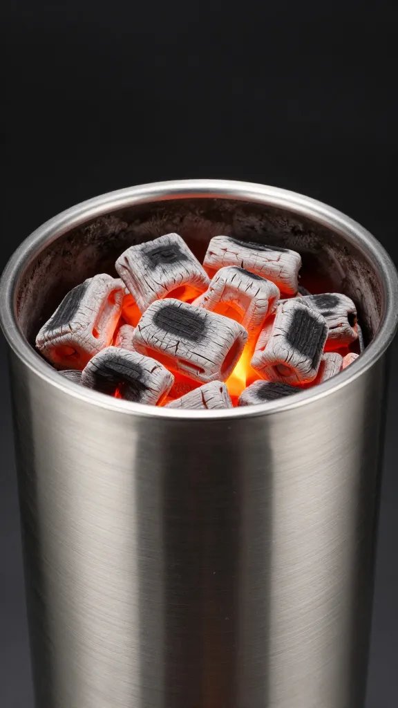 stainless steel chimney starter filled with lit coals