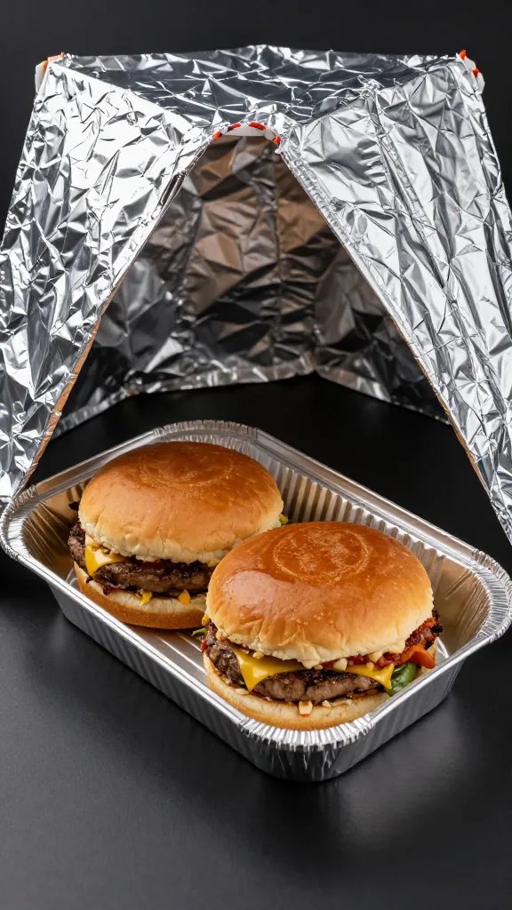 aluminum half pan of resting burgers under foil tent