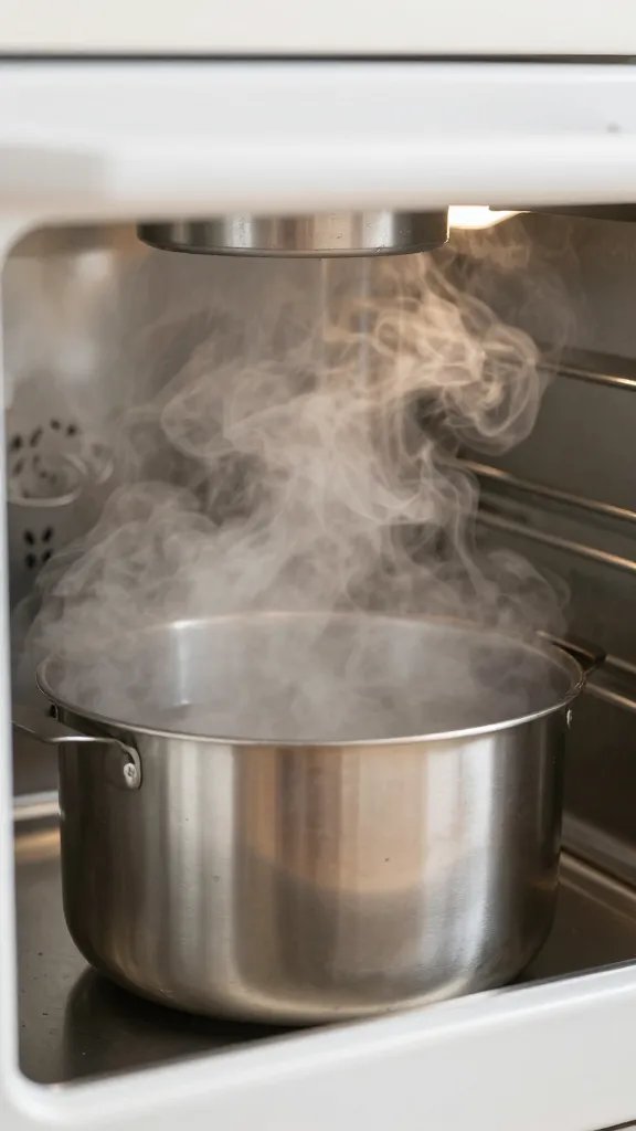 water pan inside warming cabinet, steam visible, closeup
