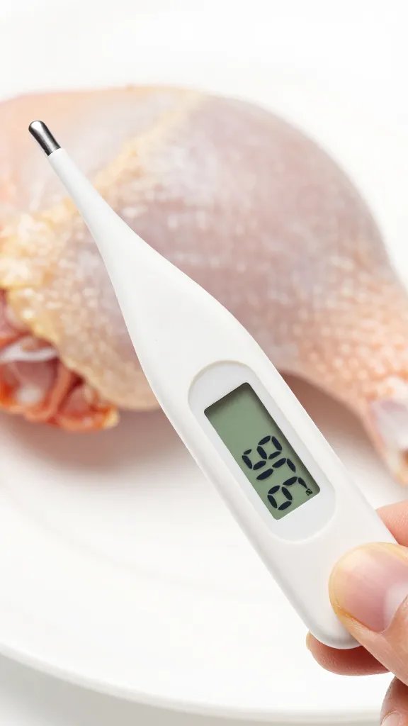probe thermometer inserted in chicken thigh, 165°F reading