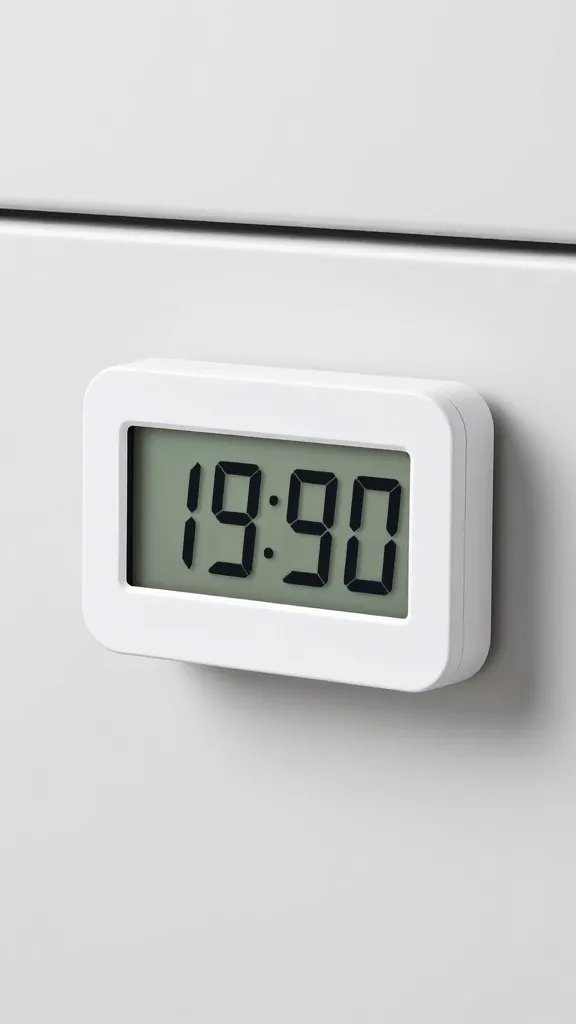 digital timer clipped to cabinet handle, minutes remaining
