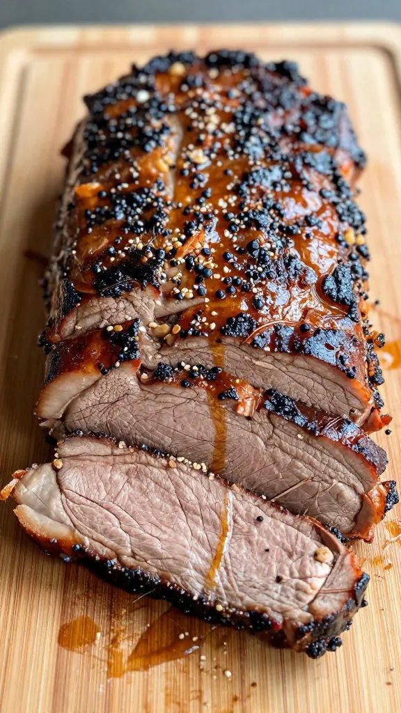 single brisket slicing board with resting juices, closeup