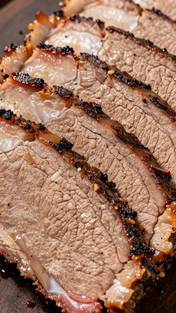 closeup of sliced brisket showing juicy smoke ring
