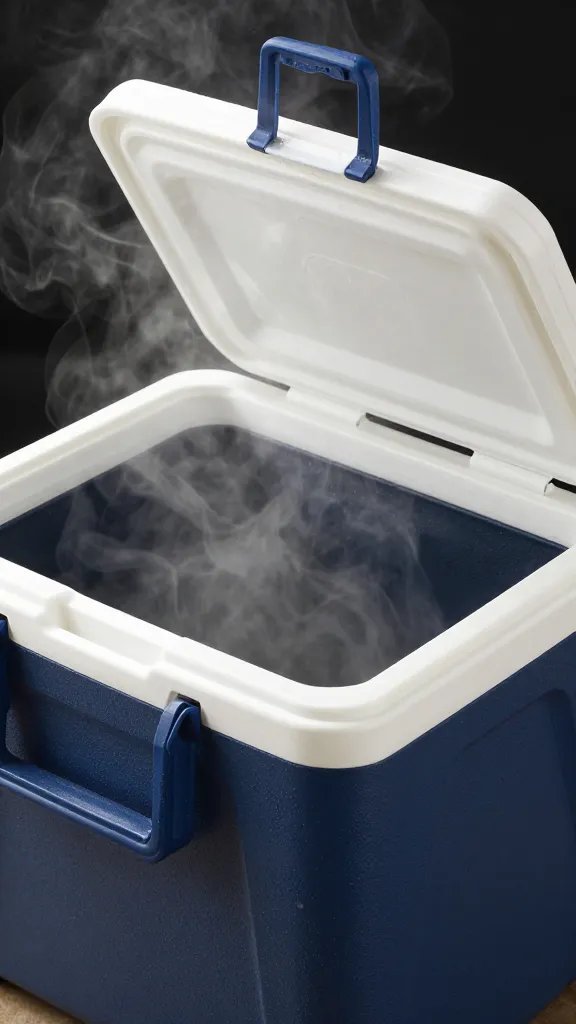insulated cooler lid slightly ajar releasing steam