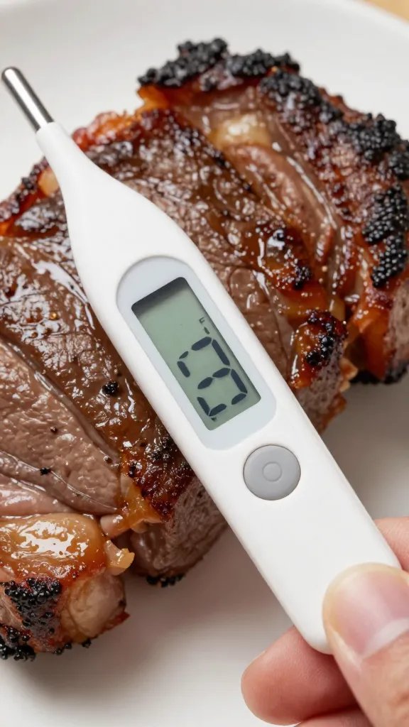 digital probe thermometer reading 155°F in brisket