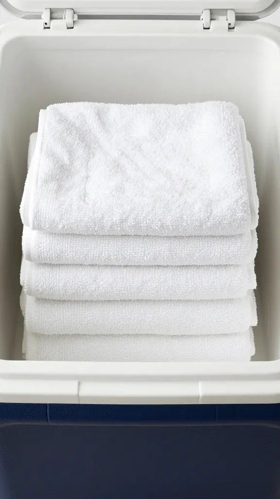 folded clean white towels stacked inside empty cooler