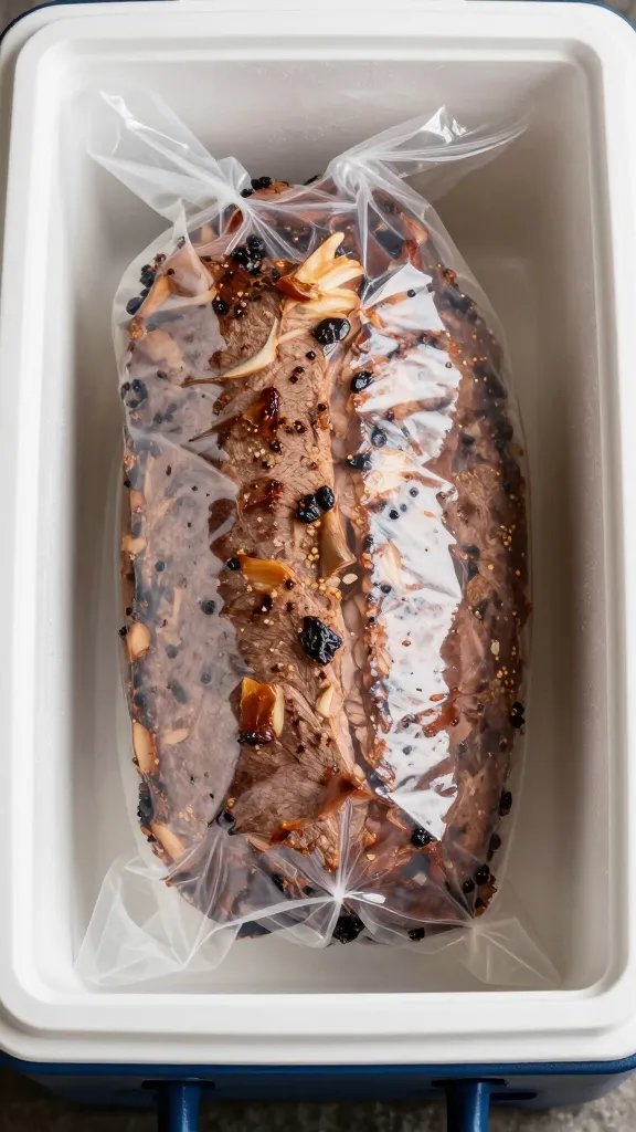vacuum-wrapped brisket resting in preheated cooler