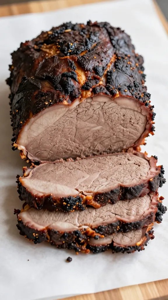 closeup of sliced smoked brisket on butcher paper